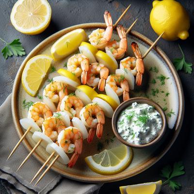 Image of Shrimp and Lemon Skewers with Feta Dill Sauce