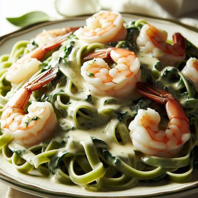Image of Shrimp Fettuccine Alfredo Over Spinach Noodles
