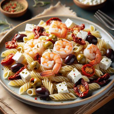 Image of Shrimp Pasta Salad with Feta Sun Dried Tomatoes and Olives