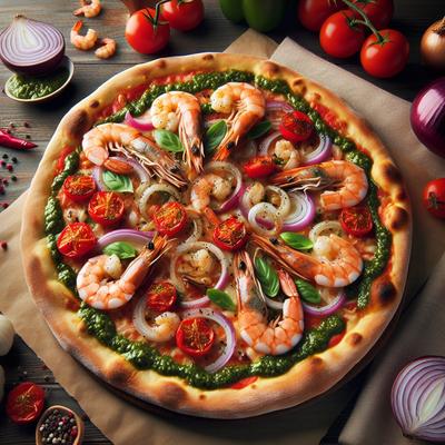 Image of Shrimp Sweet Onion and Roasted Red Pepper Pesto Pizza