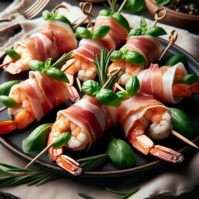 Image of Shrimp Wrapped in Prosciutto and Basil on Rosemary Skewers