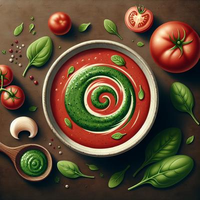 Image of Silky Summer Tomato Soup with Spinach Coulis