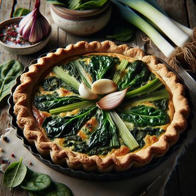 Image of Silverbeet Swiss Chard or Spinach Leek Garlic Quiche