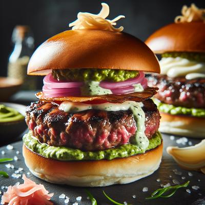 Image of Sirloin Burgers with Wasabi Mayo and Ginger Pickled Onions