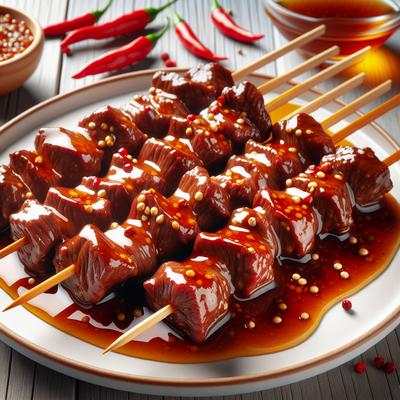 Image of Skewered Beef Strips with Spicy Honey Glaze