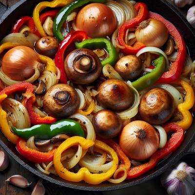 Image of Skillet Onions Tri Colored Peppers Mushrooms Garlic