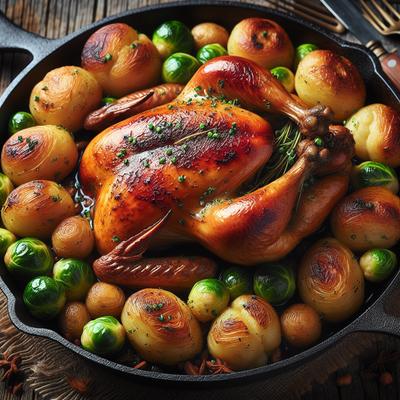 Image of Skillet Roasted Game Hens W Fingerlings and Sprouts
