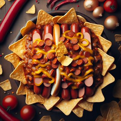 Image of Sliced Chili Hot Dogs Over Corn Chips for 2
