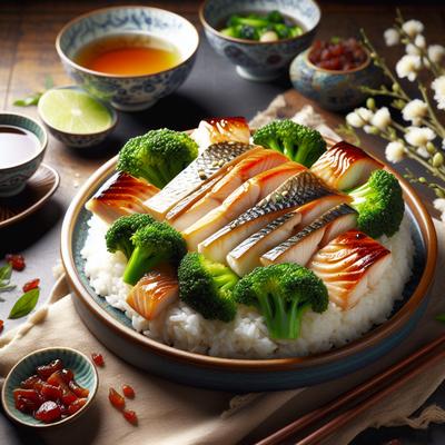 Image of Sliced Fish with Chinese Broccoli on White Rice
