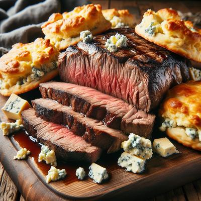 Image of Sliced Grilled Steak on Blue Cheese Biscuits