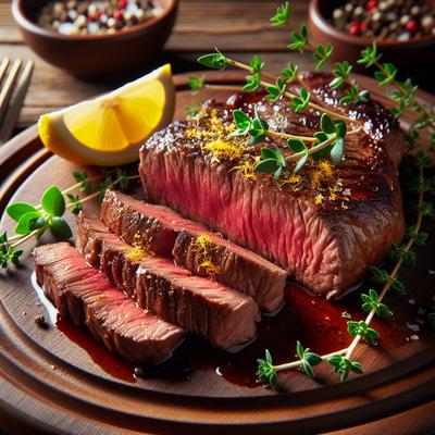 Image of Sliced Steak with Lemon and Thyme