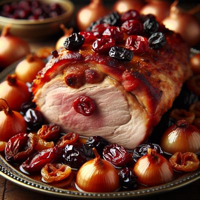Image of Slow Cooked Pork Loin with Dried Cherries and Baby Onions