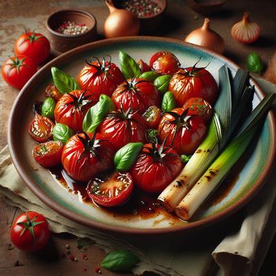 Image of Slow Roasted Balsamic Tomatoes with Leeks and Basil