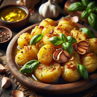 Image of Smashed Fingerling Potatoes with Roast Garlic Basil Oil