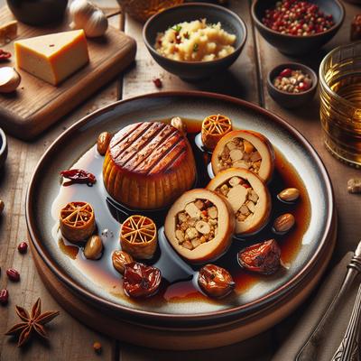 Image of Smoked Bean Curd Medallions Stuffing and Wine Reduction