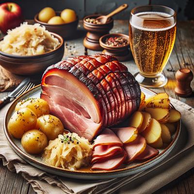 Image of Smoked Pork Ham with Sauerkraut Potatoes Apple Juice