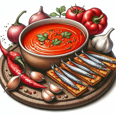 Image of Smoked Red Pepper Soup with Anchovy Crostini