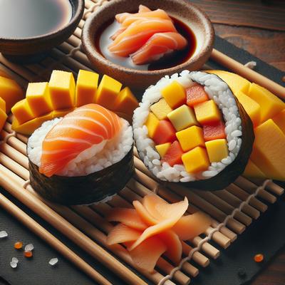 Image of Smoked Salmon and Mango Sushi with Citrus Soya Dipping Sauce