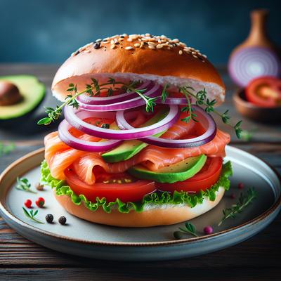 Image of Smoked Salmon Burger Tomato Red Onion and Avocado