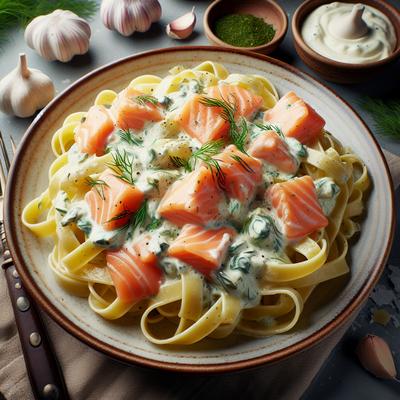 Image of Smoked Salmon Fettuccine with Healthy Dill Alfredo Sauce
