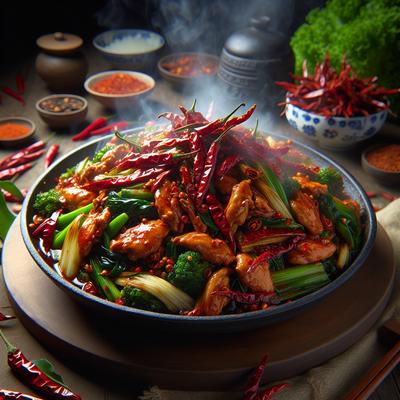 Image of Smoky Hot Chicken Stir Fried with Dried Red Chillies and Green G