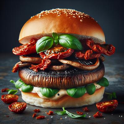 Image of Smoky Portabella Burger with Sun Dried Tomatoes and Basil