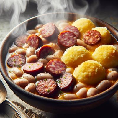 Image of Smoky Sausage White Bean Stew with Cornmeal Dumplings
