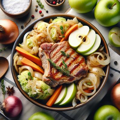 Image of Smothered Pork Chops with Apples Onions and Cabbage