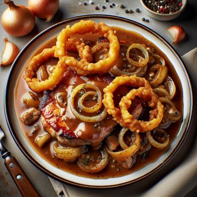 Image of Smothered Pork Chops with Fried Onion Rings