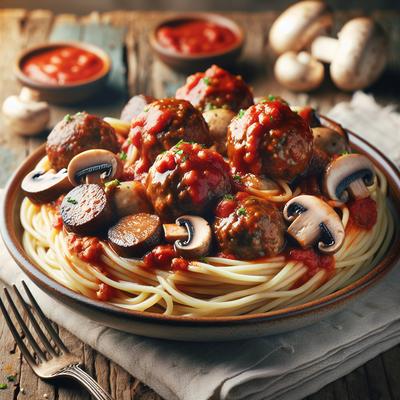 Image of Spagetti and Meatballs with Italian Sausage and Mushrooms