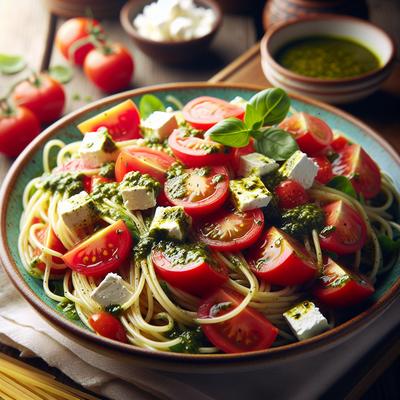 Image of Spaghetti Salad with Tomatoes Feta and Pesto Sauce Can Be Gf