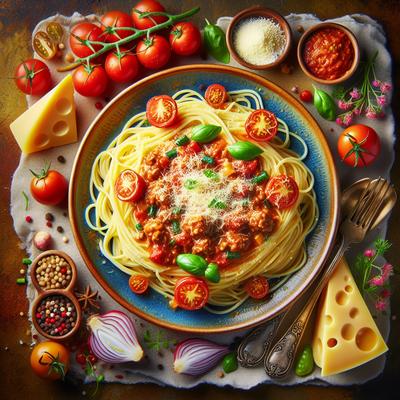 Image of Spaghetti with Creamy Tomato Meat Sauce Cheese Topping Li