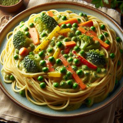 Image of Spaghetti with Low Fat Creamy Spring Vegetable Sauce