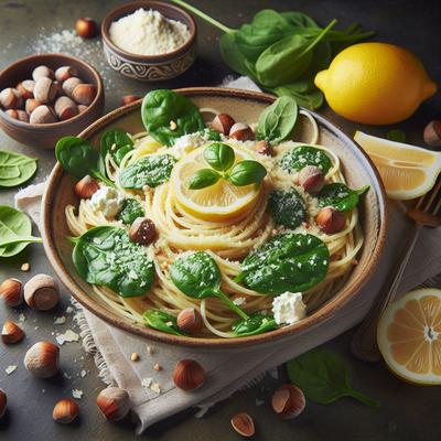 Image of Spaghetti with Mascarpone Lemon Spinach and Hazelnuts
