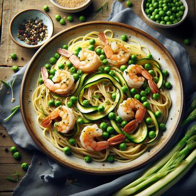 Image of Spaghetti with Peas Zucchini Ribbons and Garlic Shrimp