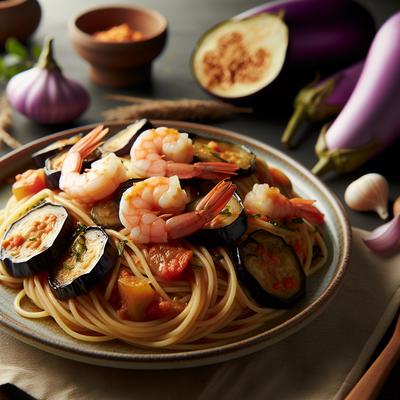 Image of Spaghetti with Shrimp and Eggplant Aubergine