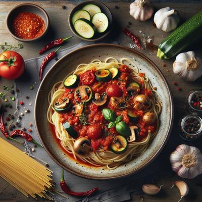 Image of Spaghetti with Tomato Chilli Mushroom Zucchini Garlic