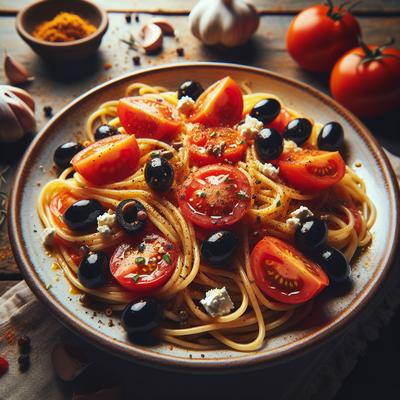Image of Spaghetti with Tomatoes Black Olives Garlic and Feta Cheese