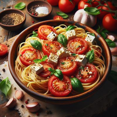 Image of Spaghetti with Tomatoes Garlic and Feta Cheese