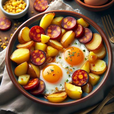 Image of Spanish Fried Eggs with Potatoes and Chorizo Huevos Fritos Con
