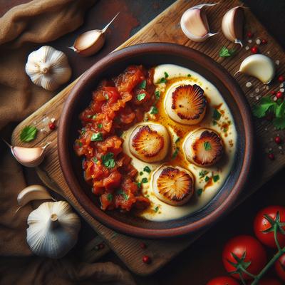 Image of Spanish Scallops with Garlic Cream Tomato Jam