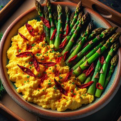 Image of Spanish Scrambled Eggs with Pimenton and Asparagus
