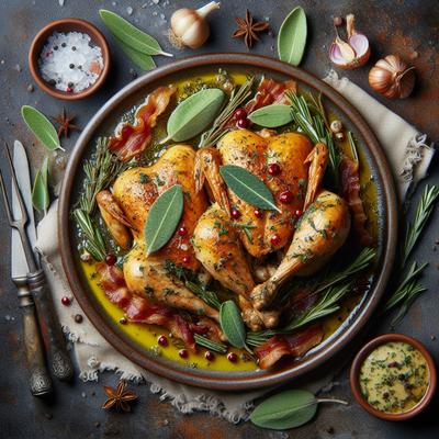 Image of Spatchcocks with a Herb Butter and Sage and Bacon Sauce