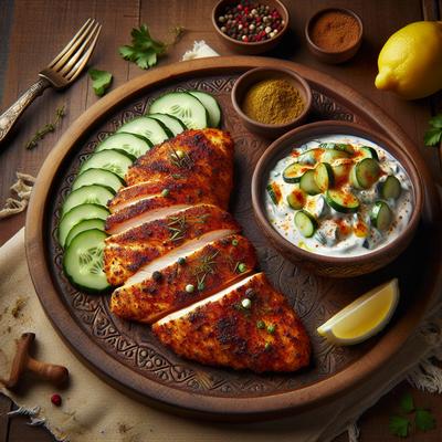 Image of Spice Crusted Chicken Breasts with Lemon Cucumber Raita