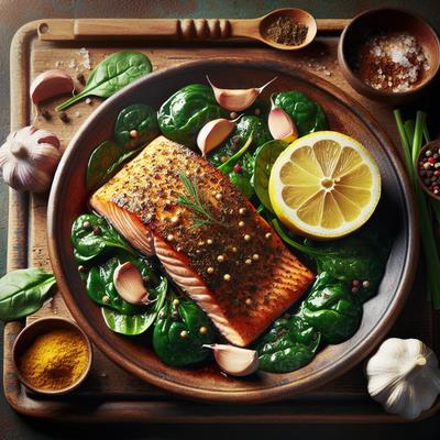Image of Spice Rubbed Roasted Salmon with Lemon Garlic Spinach