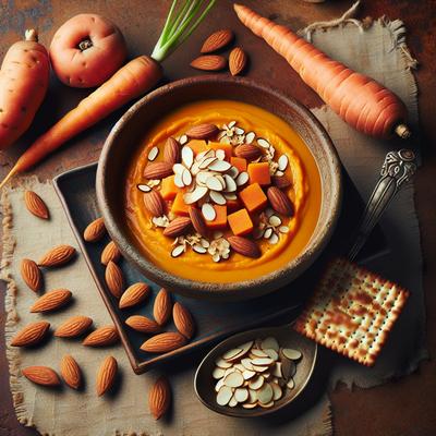 Image of Spiced Carrot and Sweet Potato Soup with Almond and Ginger Matzo