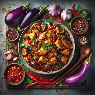 Image of Spicy Chinese Eggplant Aubergine and Chicken
