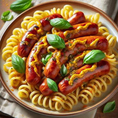 Image of Spicy Italian Sausages with Pasta Basil and Mustard