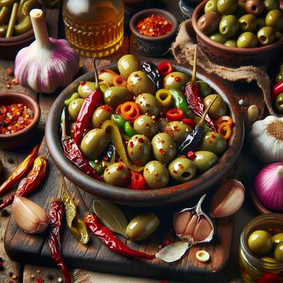 Image of Spicy Marinated Olives with Pickled Vegetables and Garlic