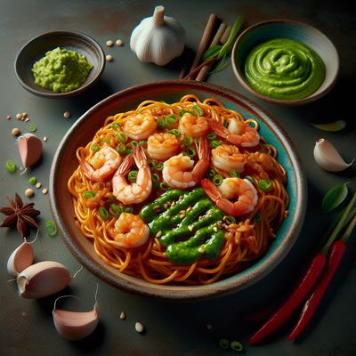 Image of Spicy Noodles with Ginger Garlic Shrimp and Wasabi Sauce